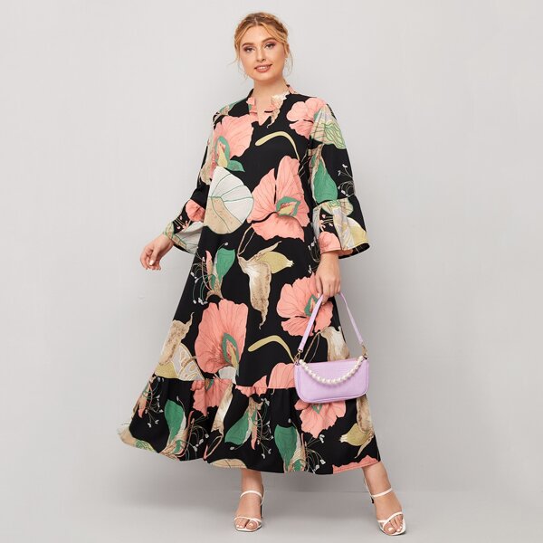 

Plus Notched Floral Print Ruffle Hem Smock Dress, Multicolor
