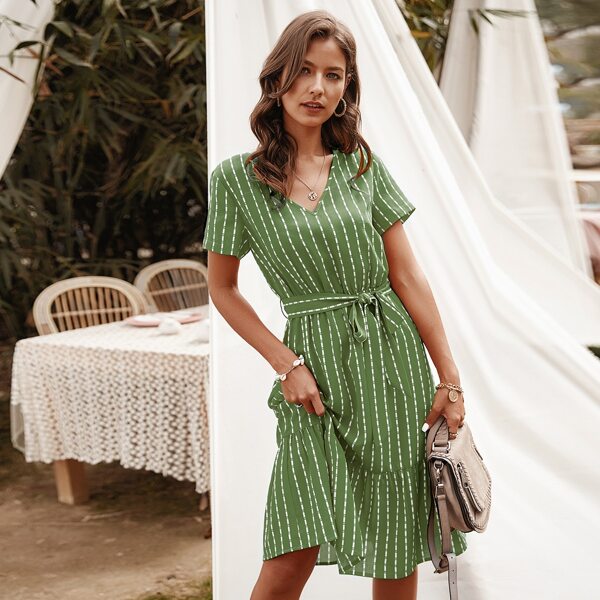

Striped Self Tie Ruffle Hem Dress, Green