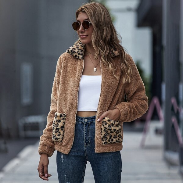 

Leopard Panel Zip Up Teddy Jacket, Brown