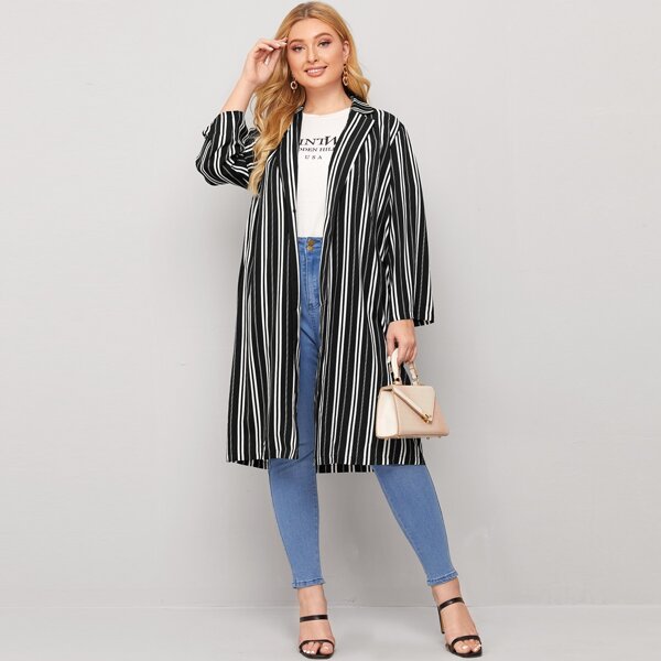 

Plus Lapel Collar Striped Single Button Coat, Black and white