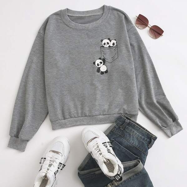 

Panda Graphic Round Neck Sweatshirt, Grey