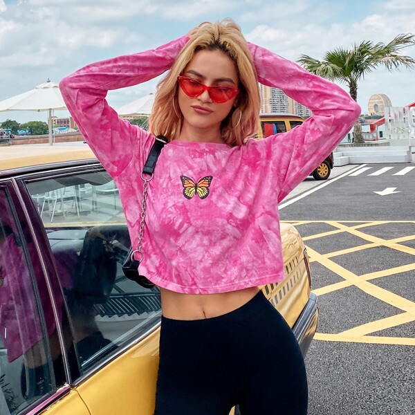 

Butterfly Print Tie Dye T-Shirt, Pink