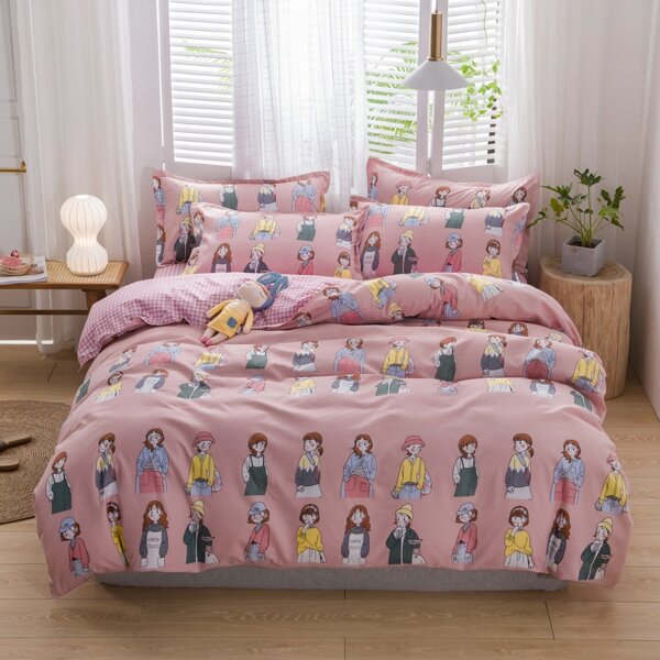 

Cartoon Girl Print Bedding Set Without Filler, Dusty pink
