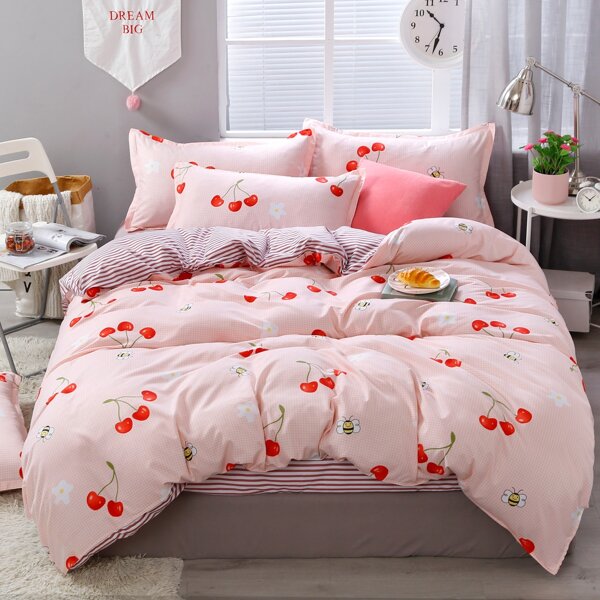 

Cherry Print Bedding Set Without Filler, Baby pink