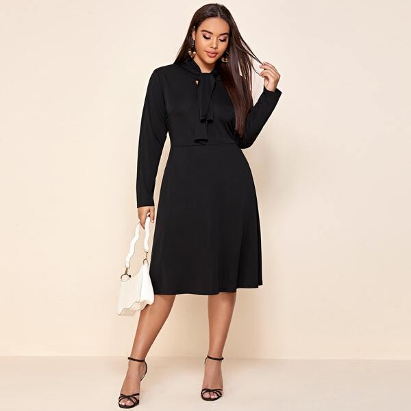 

Plus Tie Neck Solid A-line Dress, Black
