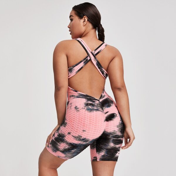 

Plus Tie Dye Print Criss Cross Backless Sports Romper, Multicolor