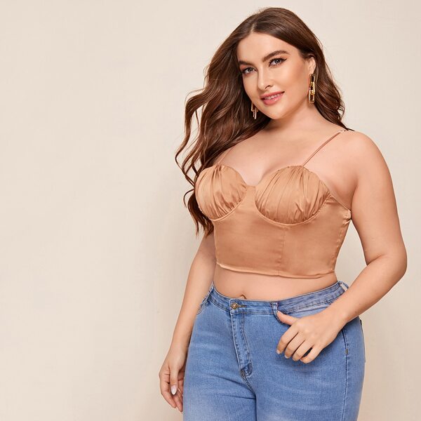 

Plus Ruched Bust Lace Up Back Satin Cami Top, Apricot