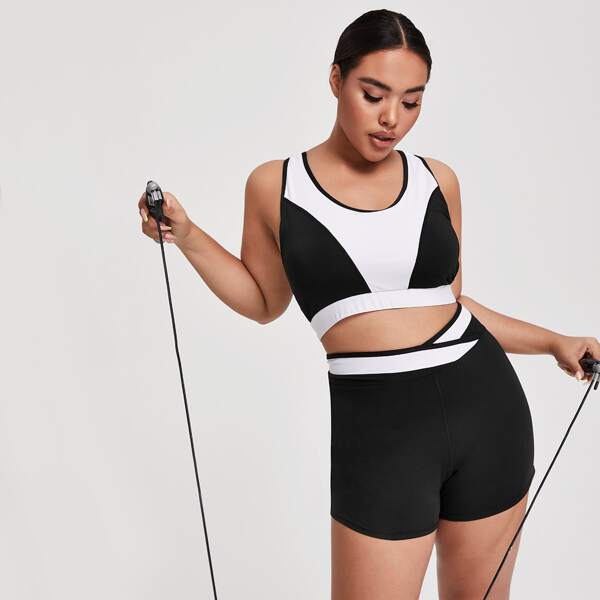 

Plus Two Tone Sports Bra & Biker Shorts, Blue and white