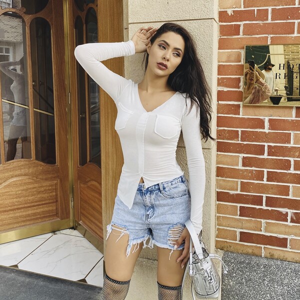 

MeysiKim Patch Pocket Asymmetrical Hem Tee, White