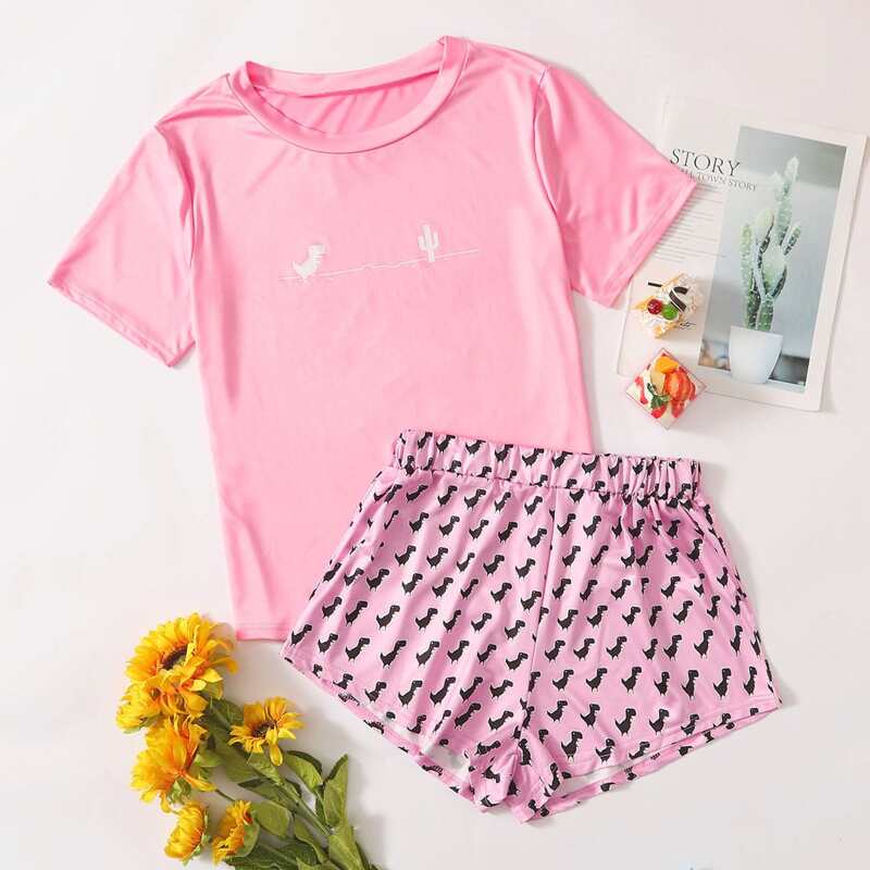 

Cartoon Dinosaur Print Pajama Set, Pink