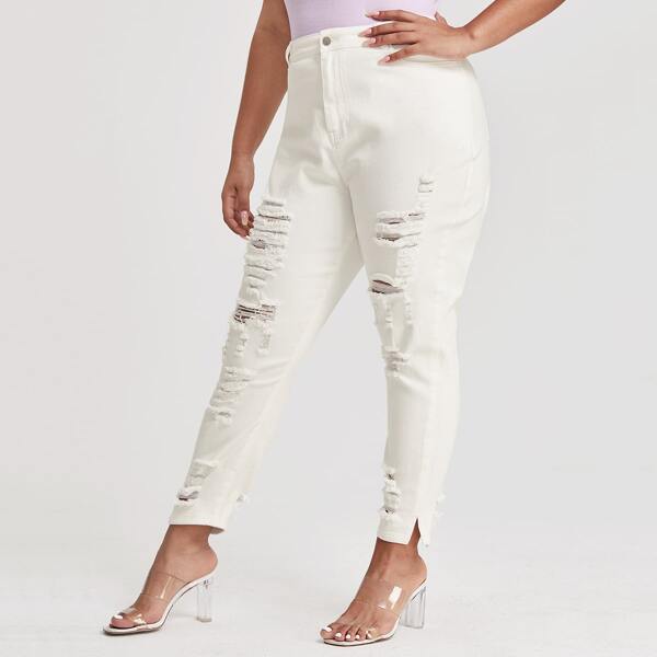 

Plus Split Hem Slant Pocket Ripped Jeans, White
