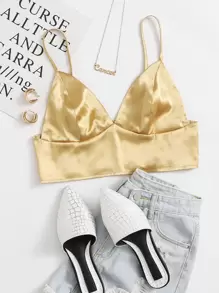 SHEIN Privé Shirred Back Satin Bralet Top - Gold - View 1