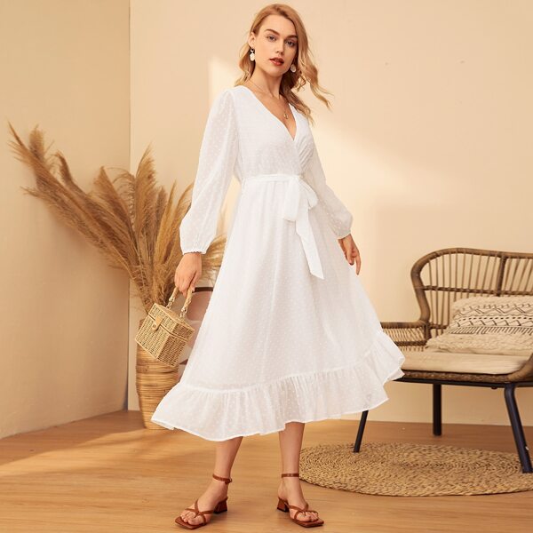 

Swiss Dot Ruffle Hem Belted Dress, White