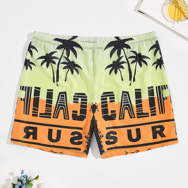 

Men Letter & Tropical Print Swim Trunks, Multicolor
