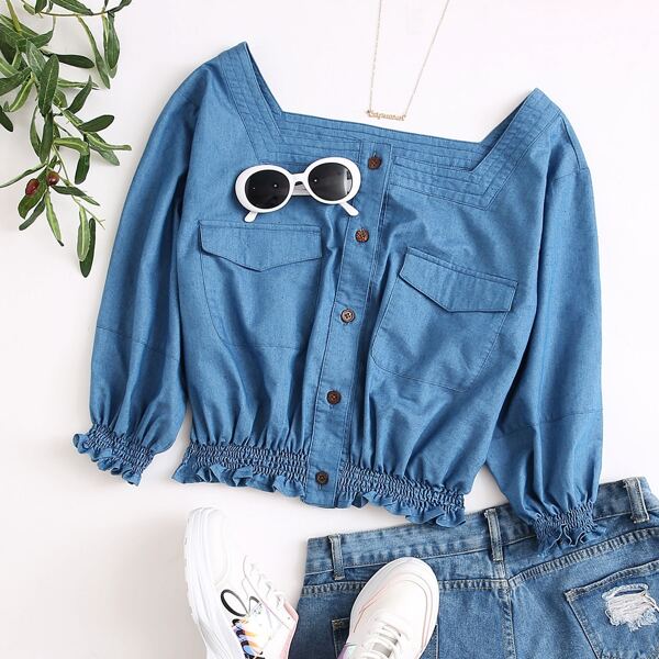 

Plus Button Front Frill Hem Shirred Denim Top, Medium wash