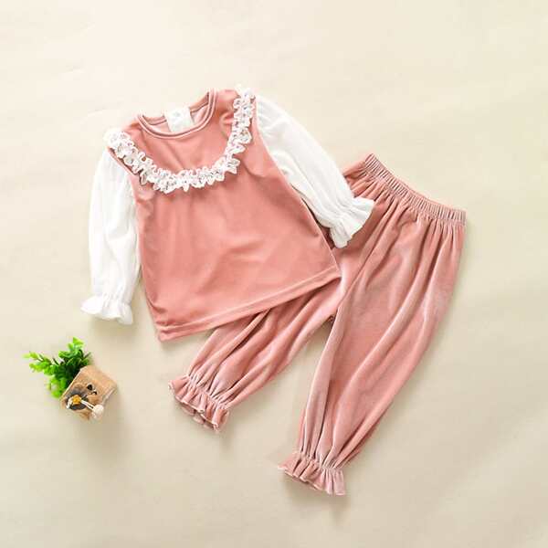 

Toddler Girls Velvet Contrast Sleeve Lace Trim Top & Pants, Coral pink