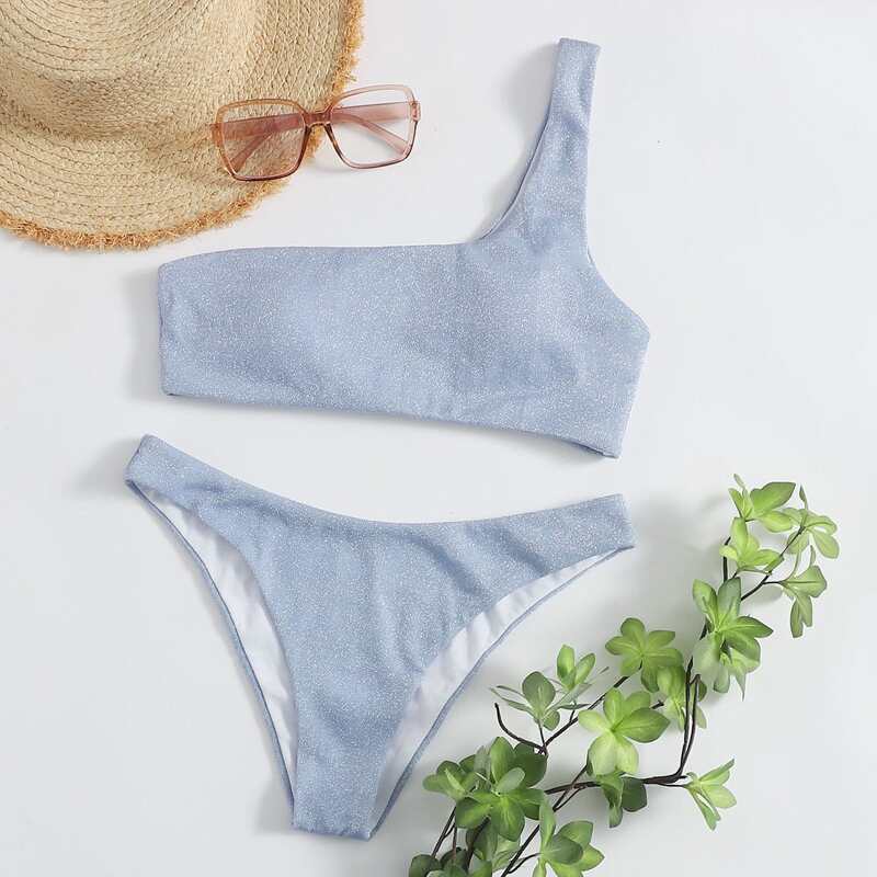 

Glitter One Shoulder Bikini Swimsuit, Pastel baby blue