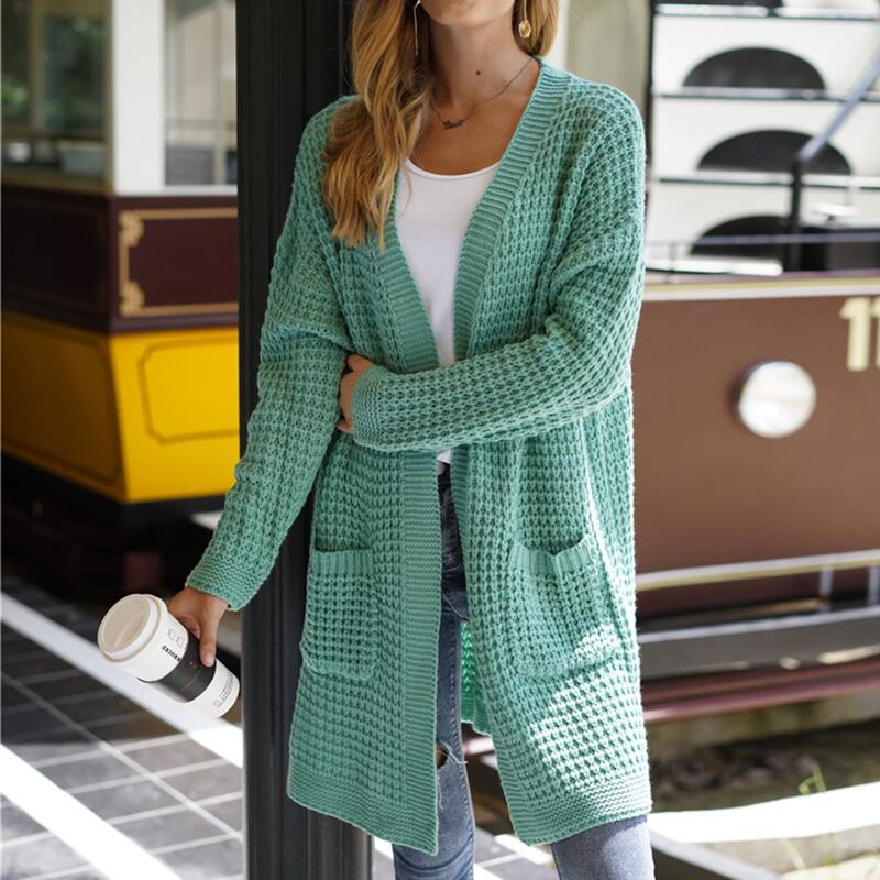 

Solid Waffle Knit Dual Pocket Cardigan, Mint green