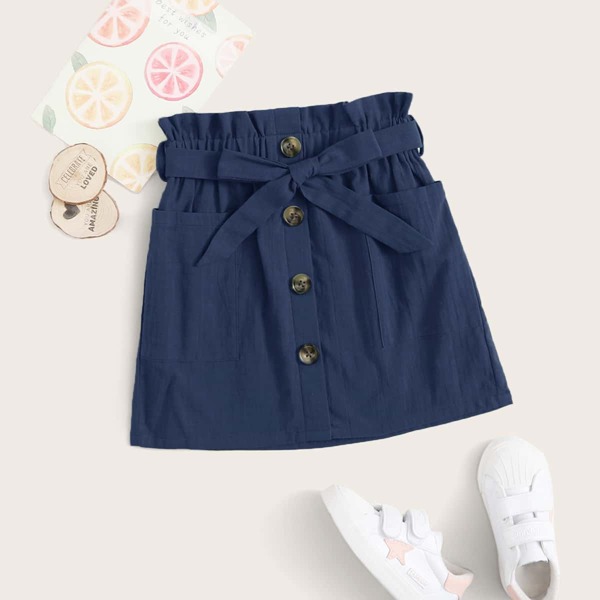 

Girls Button Front Paperbag Waist Belted Skirt, Navy blue
