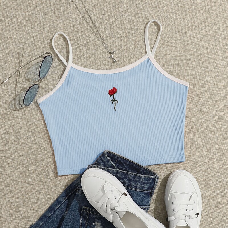 

Embroidery Floral Ringer Crop Cami, Baby blue