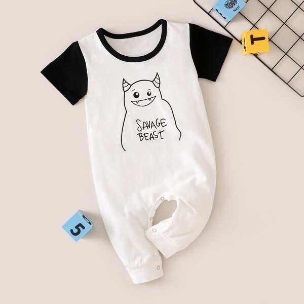 

Baby Boy Cartoon & Letter Graphic Contrast Sleeve Jumpsuit, White