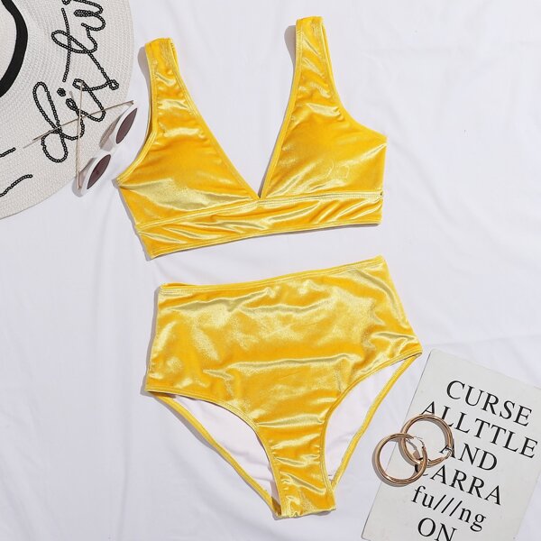 

Velvet High Waisted Bikini Swimsuit, Yellow bright