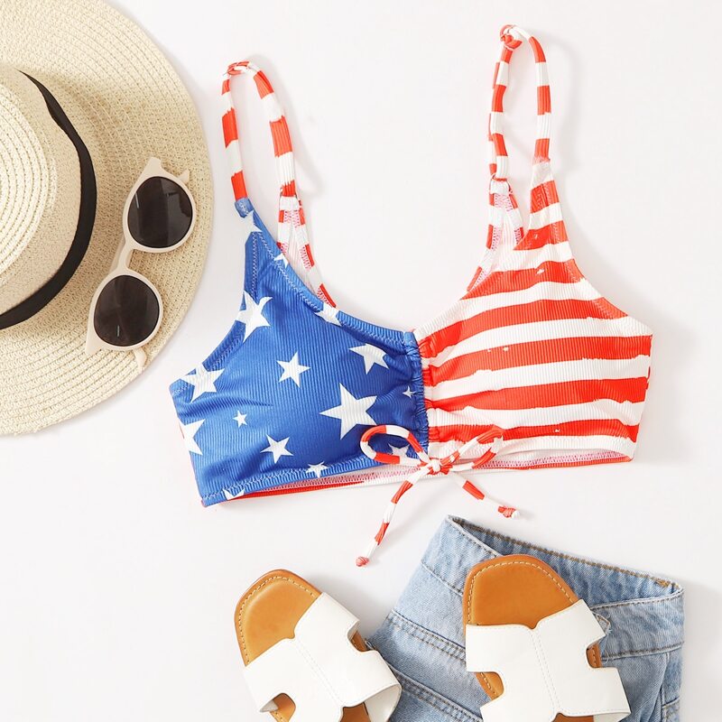 

American Flag Print Drawstring Bikini Top, Multicolor