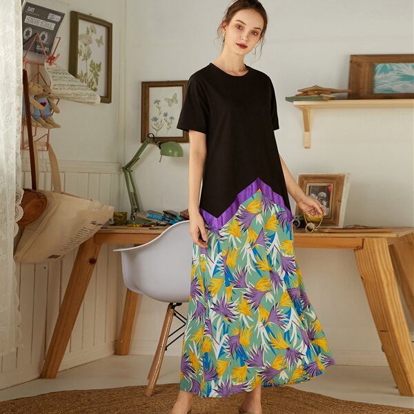 

Plants Print Short Sleeve Spliced Dress, Multicolor