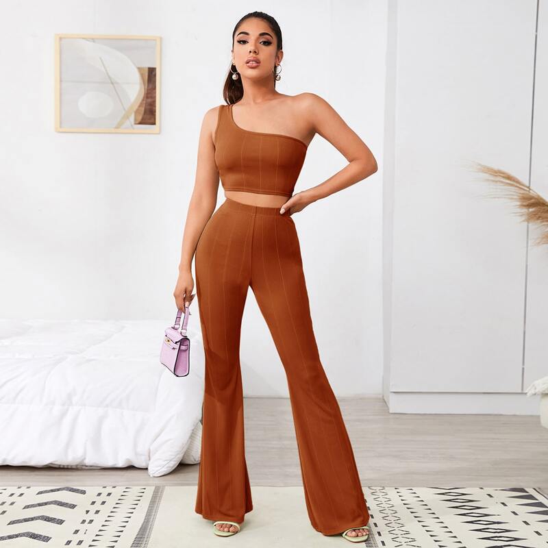 

Ribbed One-Shoulder Crop Top & Flare Pants Set, Rust brown