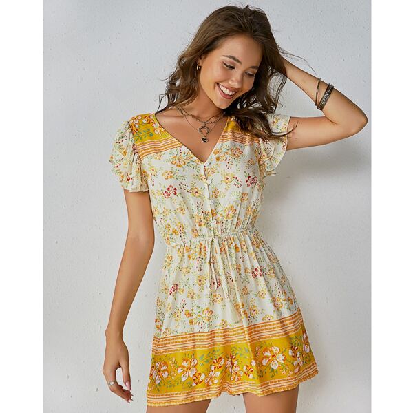 

Button Front Tie Waist Floral Print Romper, Multicolor