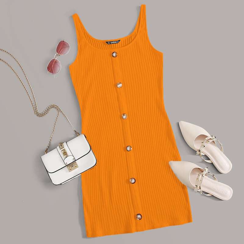

Single Breasted Rib-knit Bodycon Dress, Orange neon