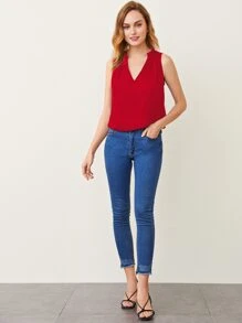 BizChic Top ribete fruncido de cuello V - Rojo - Ver 5