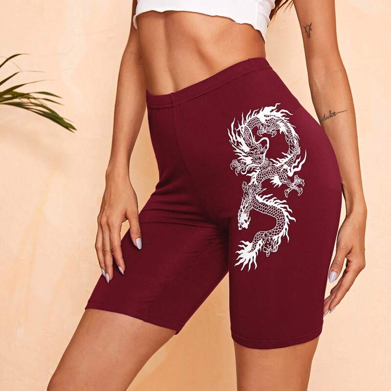 

Chinese Dragon Print Biker Shorts, Burgundy