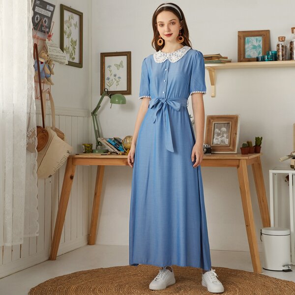 

Peter Pan Collar Belted Dress, Dusty blue
