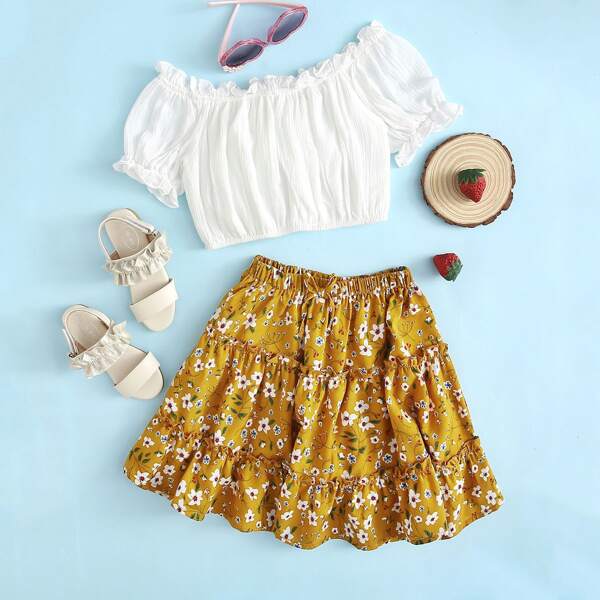 

Girls Off Shoulder Frill Trim Top & Floral Skirt Set, Multicolor