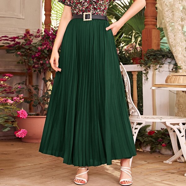 

Self Tie Maxi Pleated Skirt, Dark green
