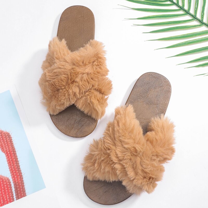 

Faux Fur Decor Cross Strap Slides, Khaki