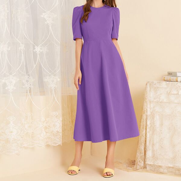 

Puff Sleeve Solid A-line Dress, Violet purple