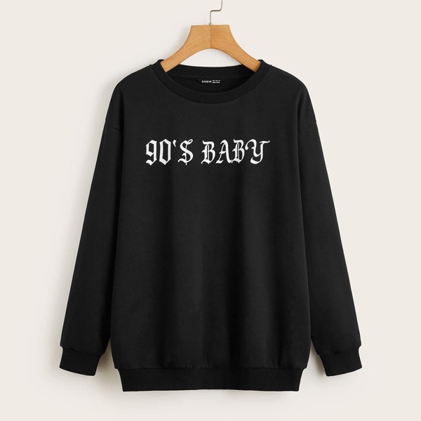 

Drop Shoulder Letter Graphic Pullover, Black
