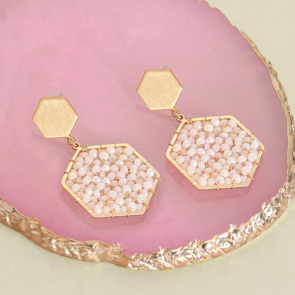 

1pair Beaded Hexagon Dangling Earrings, White