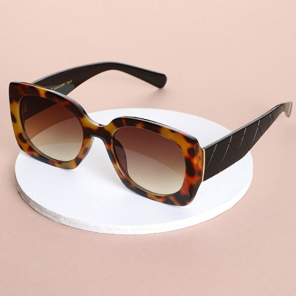 

Quilted Detail Leopard Rectangle Sunglasses, Brown