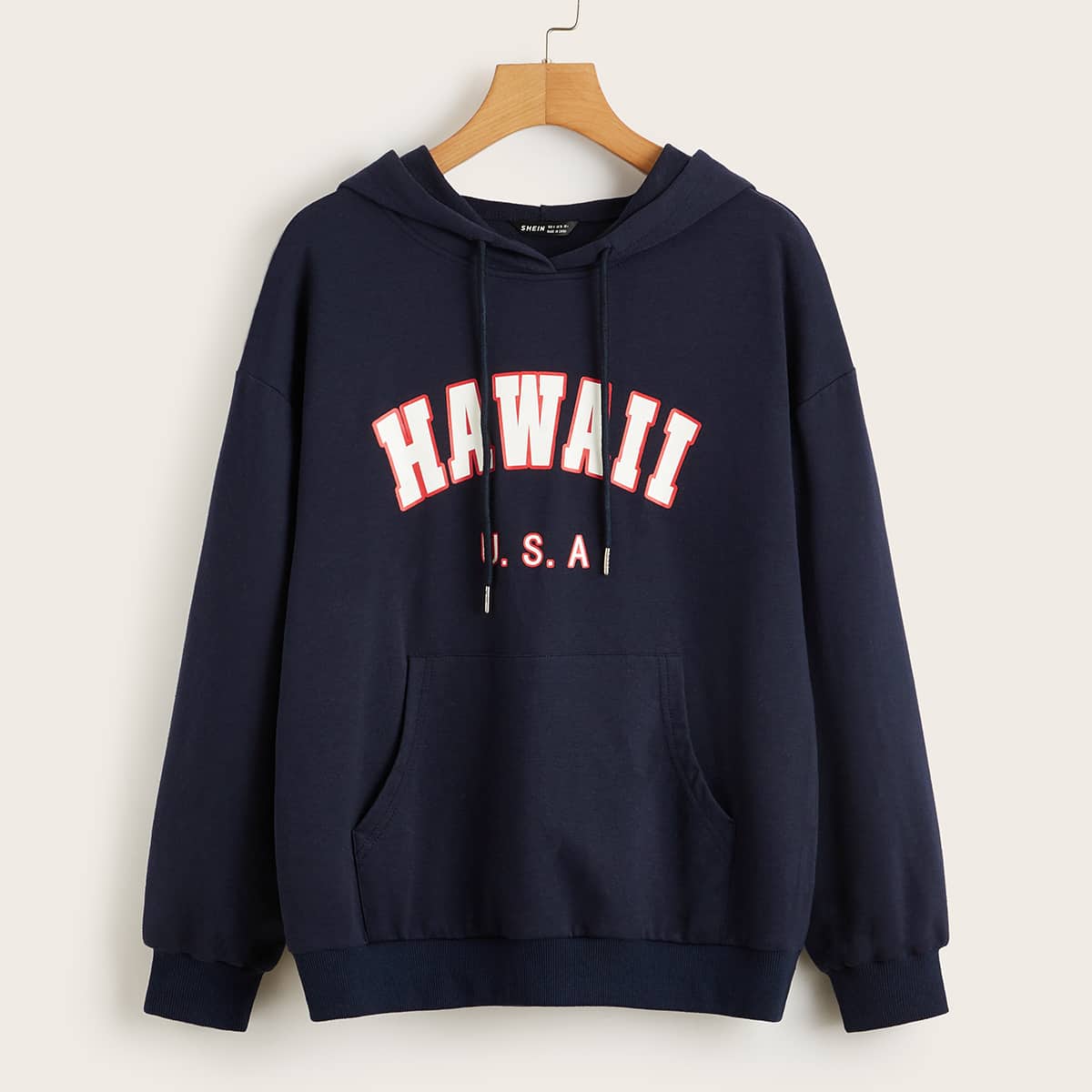 

Pouch Pocket Drawstring Detail Letter Graphic Hoodie, Navy blue