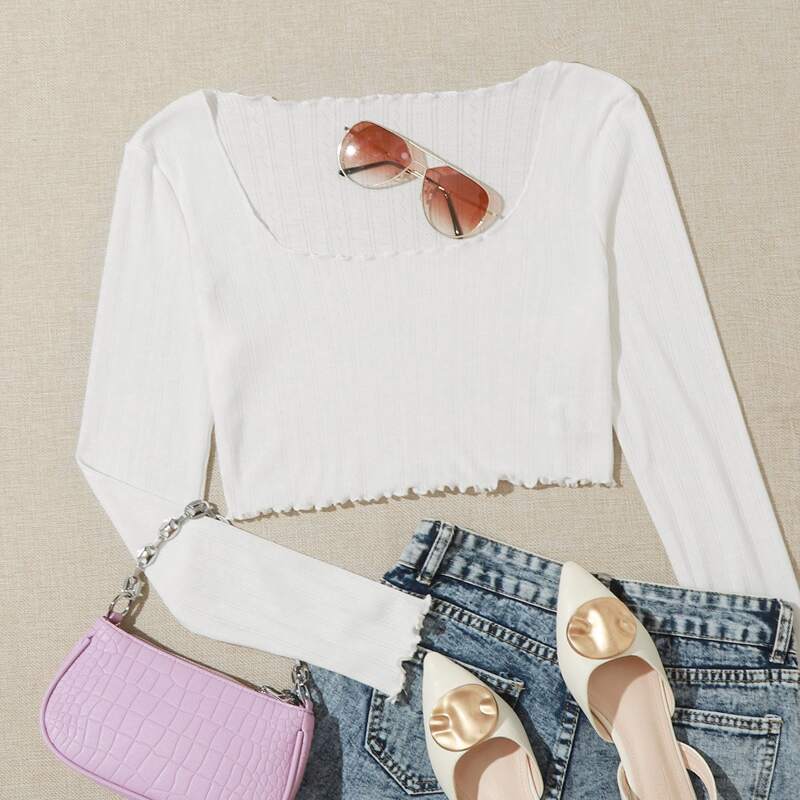 

Scoop Neck Lettuce Trim Crop Top, White