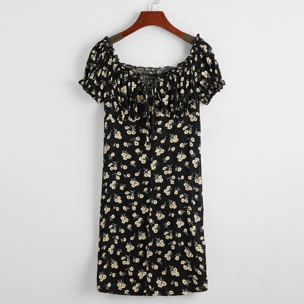 

Tie Neck Shirred Back Frill Trim Ditsy Floral Dress, Black