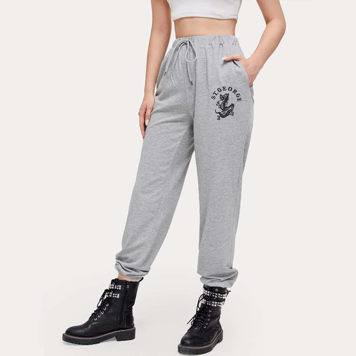 

Chinese Dragon Drawstring Sweatpants, Light grey