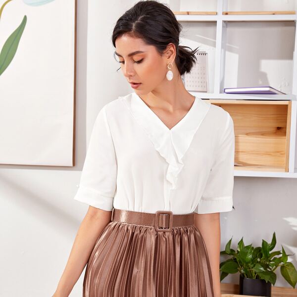 

V-neck Ruffle Trim Solid Blouse, White