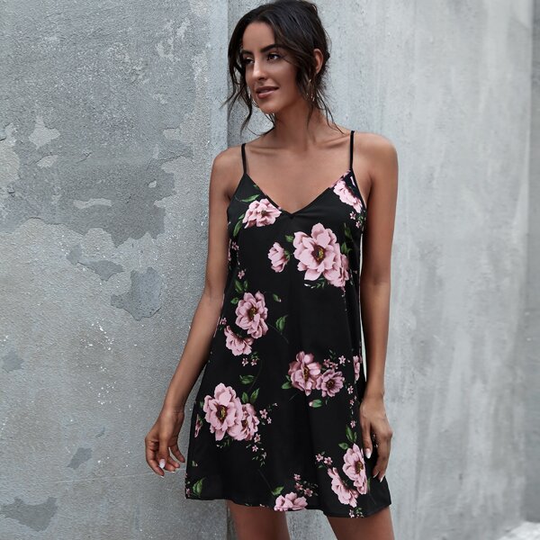 

Floral Print Low Back Cami Dress, Black