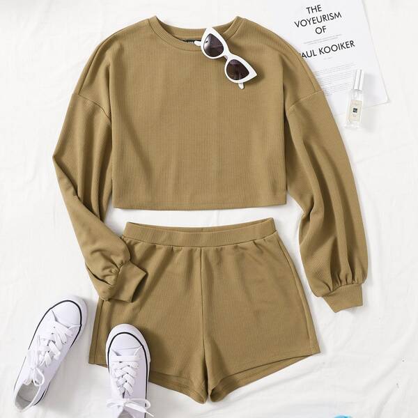 

Drop Shoulder Pullover and Shorts Set, Khaki