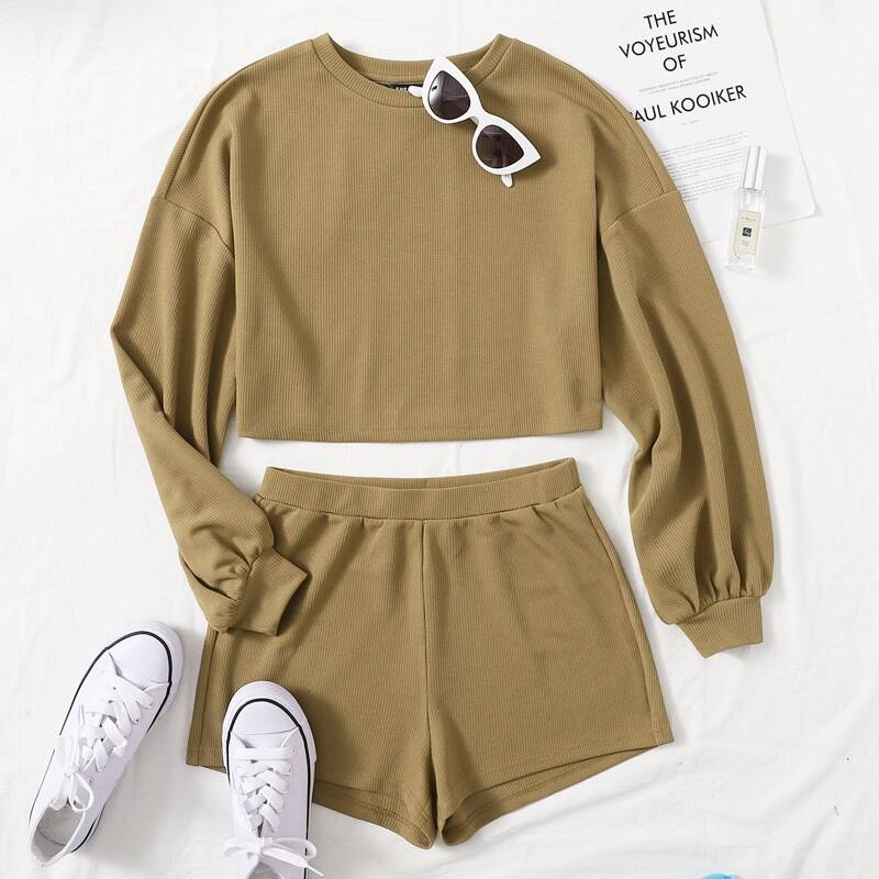 

Drop Shoulder Pullover and Shorts Set, Khaki