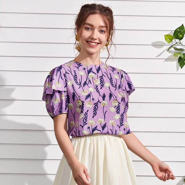 

Floral Ruffle Trim Bishop Sleeve Blouse, Lilac purple